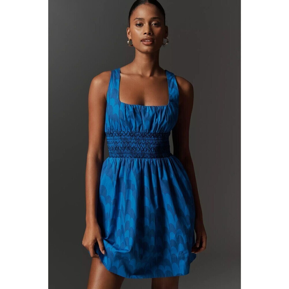 Maeve Dress Womens Petite Small Blue Geometric Smocked Square Neck Sundress